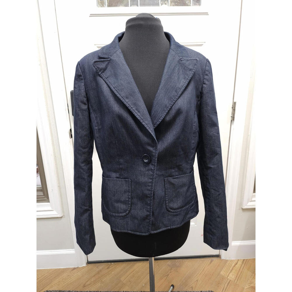 Ann Taylor Denim Blazer Jacket Women 10 Blue One Button Slit Pockets Notch Lapel